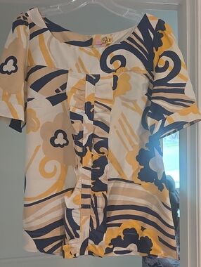 Lilly Pulitzer Silk Yellow Navy Cream Patterned Ruffle Blouse